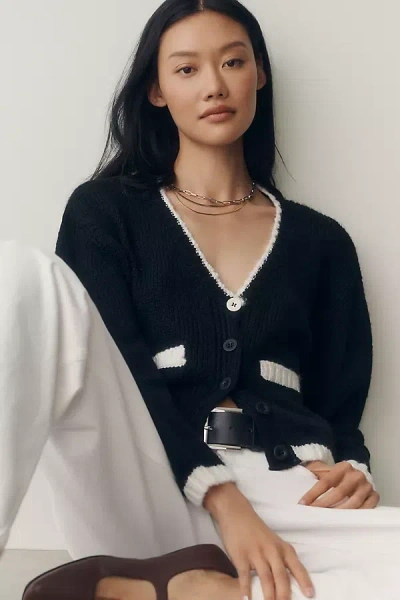 Maeve Tipped Crew-neck Cardigan Sweater In Black