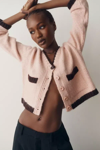 Maeve Tipped Crew-neck Cardigan Sweater In Pink