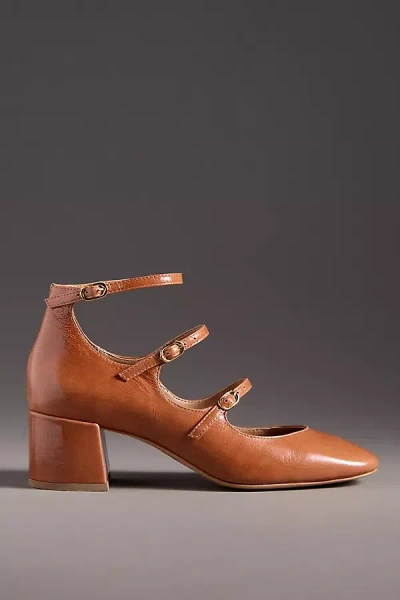 Maeve Triple-strap Block-heel Mary Janes In Brown