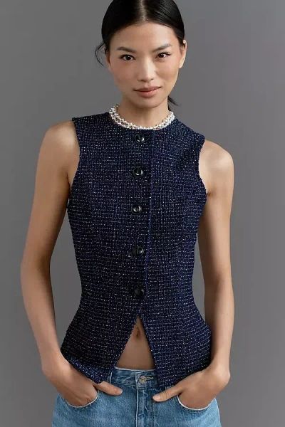 Maeve Tweed Button-front Vest Top In Blue