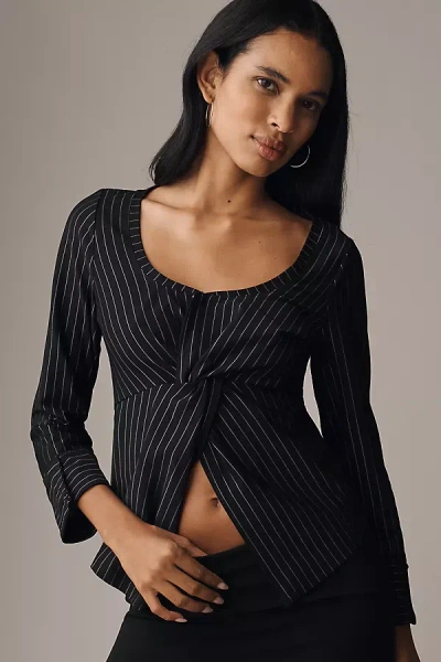 Maeve Twist-front Pinstripe Top In Black
