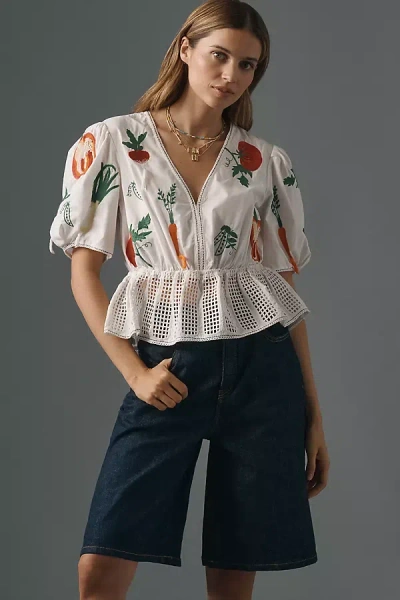 Maeve V-neck Embroidered Veggie Blouse In White
