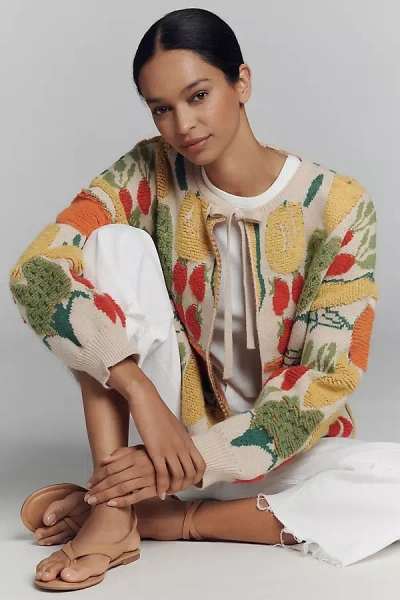 Maeve Veggie-embellished Cardigan Sweater In Pink