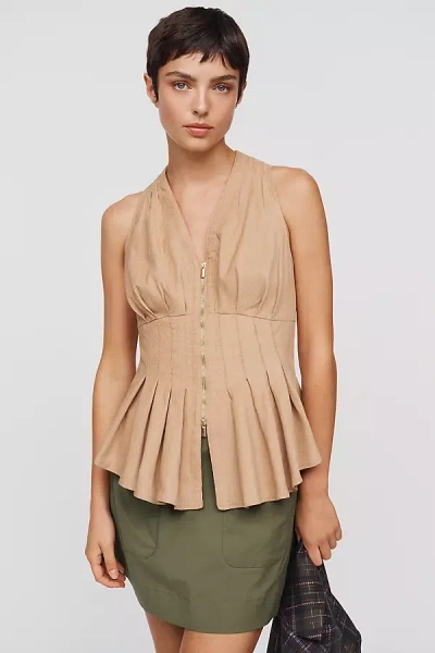Maeve Viki Corduroy Zip-front Peplum Top In Brown