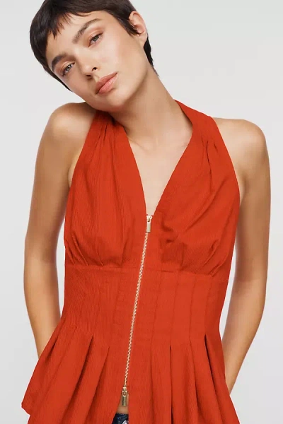 Maeve Viki Corduroy Zip-front Peplum Top In Red