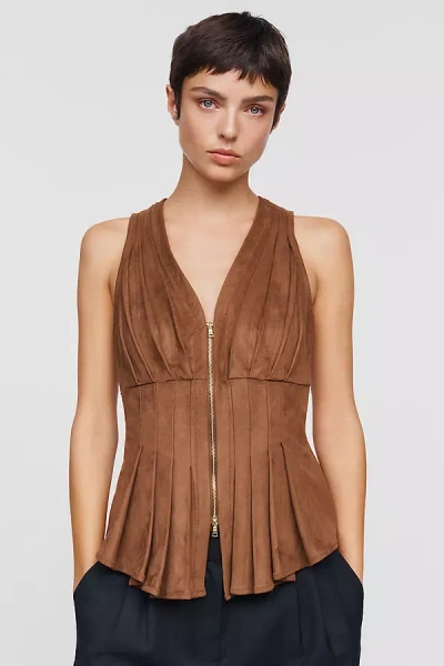 Maeve Viki Faux-suede Zip-front Peplum Top In Brown