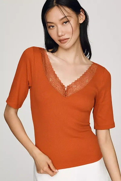 Maeve V-neck Henley T-shirt Top In Orange