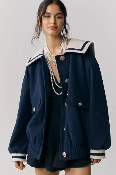 Maeve Wool Blend Nautical Bomber Jacket In Blue