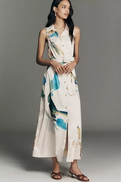 Maeve X Raven Roxanne Mona Silky Sleeveless Belted Shirt Dress In Neutral