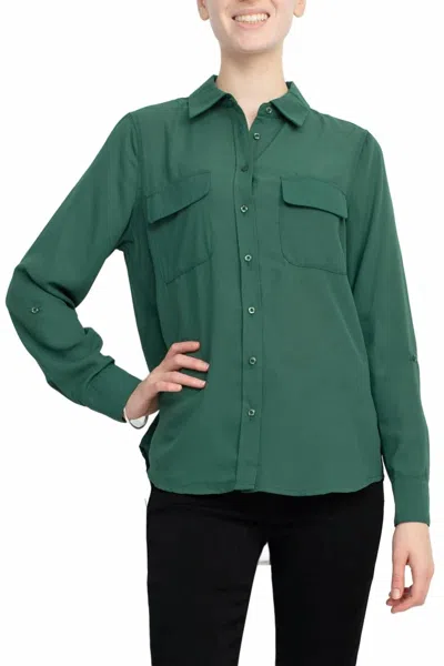 Magaschoni Collar Neck Long Sleeves Front Button Detail Top In Smokey Emerald Green