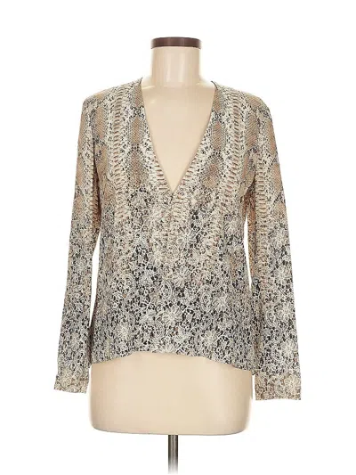 Pre-owned Magaschoni Long Sleeve Silk Top Tan Plunge Neckline Tops In Brown