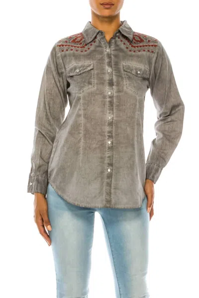 Magazine Clothing Quanah Over-dye Western Shirt With Embroidery In Gray In Grey