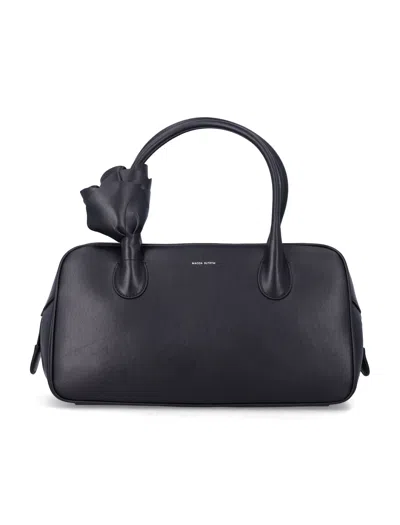 Magda Burtym Brigitte Structured Calf Leather Handbag With Leather Rose Flower Appliqué (19cm X 33cm In Nero