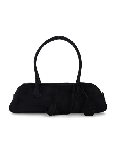 Magda Burtym Brigitte Trapeze Handbag In Suede Leather With Removable Flower Charm, Double Top Handl In Nero