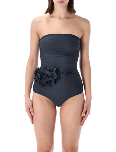 Magda Burtym Elegant Strapless Swimsuit With Floral Detail - Size 36 In Grey