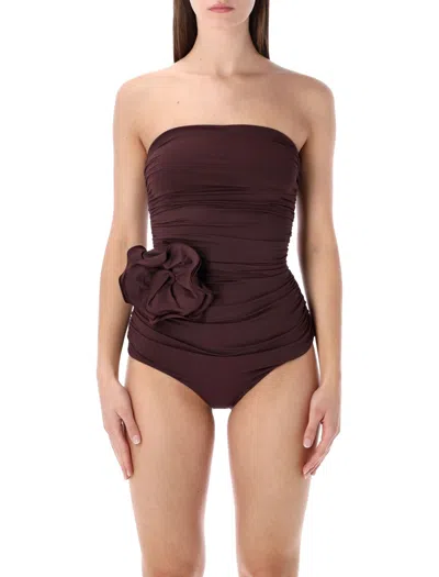 Magda Burtym Flower Applique Strapless Draped Swimsuit In Purple