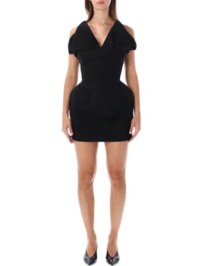 Magda Burtym Mini Fitted Dress With Deep V-neck And Cold Shoulder Sleeves In Black