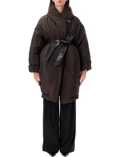 Magda Burtym Oversized Padded Mini Jacket With Voluminous High Collar And Tie Belt In Brown