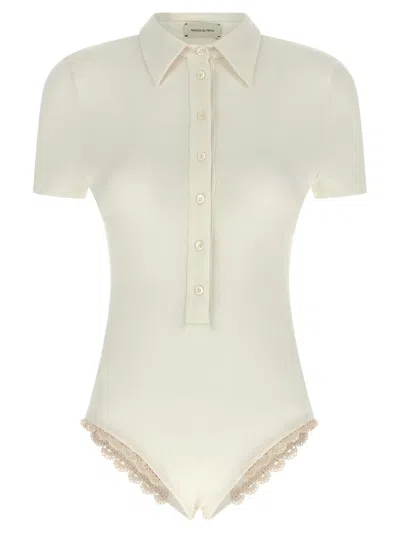 MAGDA BUTRYM 01' VISCOSE POLO-STYLE BODYSUIT WITH HANDMADE CROCHET LACE