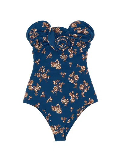 Magda Butrym 05 Floral Ruffled Swimsuit In Blue