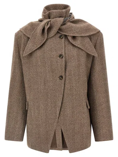 Magda Butrym Herringbone Hooded Wool-blend Blazer In Brown