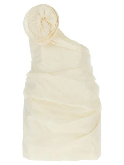Magda Butrym Floral Detailed Asymmetrical Strapless Dresss In Beige