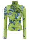 Magda Butrym Embellished Floral High Neck Ruched Top In Green