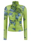 Magda Butrym Embellished Floral High Neck Ruched Top In Green
