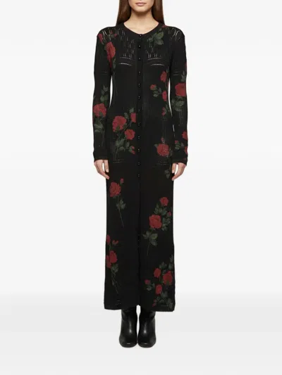 Pre-owned Magda Butrym 2024 Rose-print Pointelle-knit Midi Dress In Black