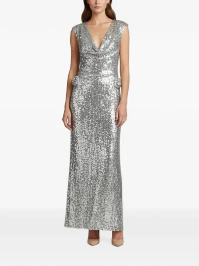 Pre-owned Magda Butrym 2024 Rosette-detail V-neck Sequin Maxi Dress In Silver
