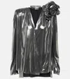 Magda Butrym Draped Floral Ruffled Metallic Padded Sleeves In Silver