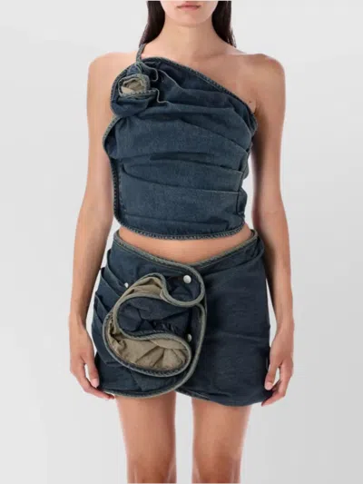 MAGDA BUTRYM ASYMMETRIC DENIM FLORAL ONE-SHOULDER RUCHED TOP