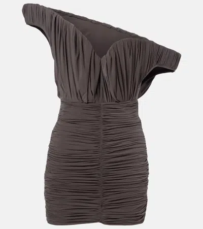 Magda Butrym Off Shoulder Asymmetric Neckline Ruched Dress In Brown