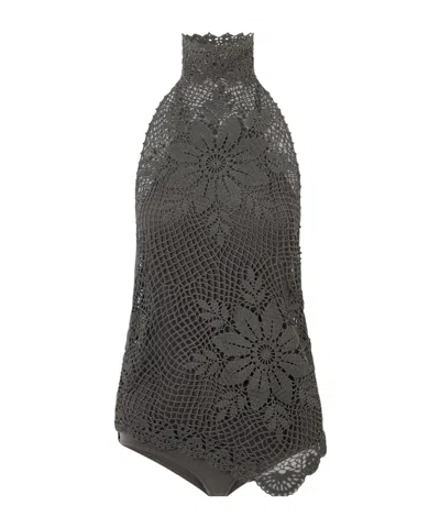 Magda Butrym Asymmetric Crocheted Cotton Halterneck Top In Gray