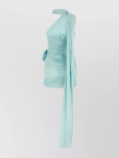 Magda Butrym Light Blue Draped Mini Dress With Roses Applications In Stretch Cupro Wpman