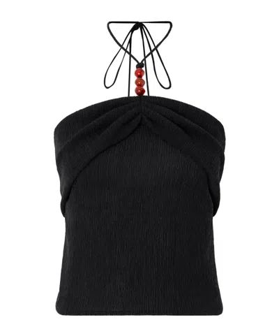 Magda Butrym Embellished Textured Lyocell-blend Halterneck Top In Black