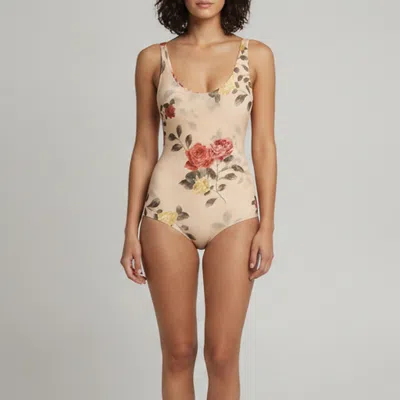Pre-owned Magda Butrym Beige Floral Print Knit Scoop Neck Bodysuit Top S