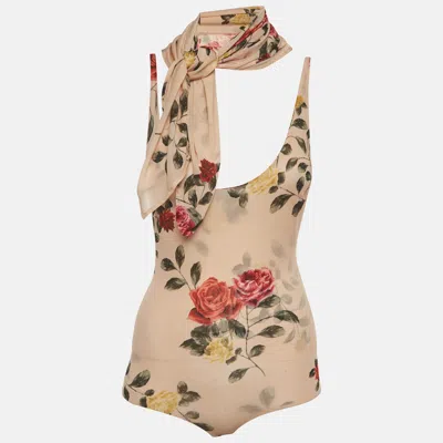 Pre-owned Magda Butrym Beige Floral Print Mesh Bodysuit And Scarf Set S In Sand
