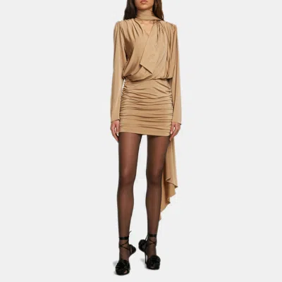 Pre-owned Magda Butrym Beige Ruched Jersey Draped Scarf Detail Mini Dress S In Sand