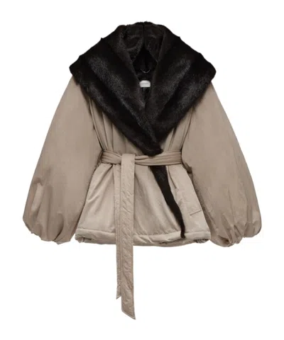 Magda Butrym Belted Faux Fur Collar Jacket In Beige In Brown