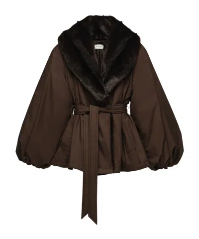 Magda Butrym Belted Faux Fur Collar Jacket In Brown