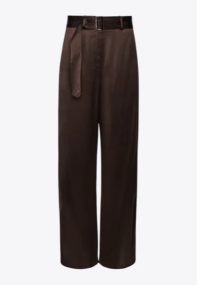Magda Butrym Belted Wide-leg Satin Pants In Brown
