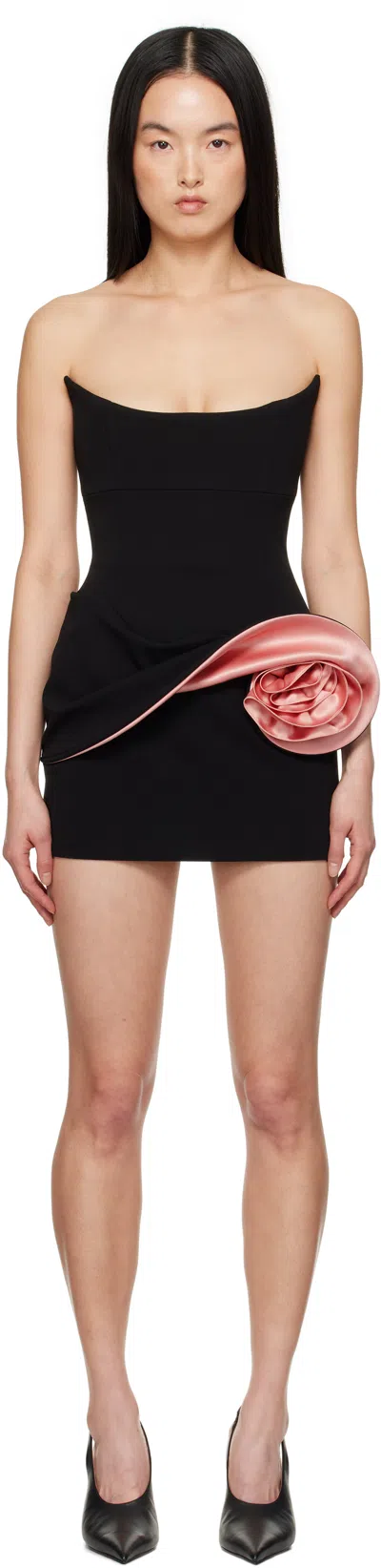 MAGDA BUTRYM BLACK & PINK CONTRAST FLORAL APPLIQUÉ BUSTIER MINIDRESS
