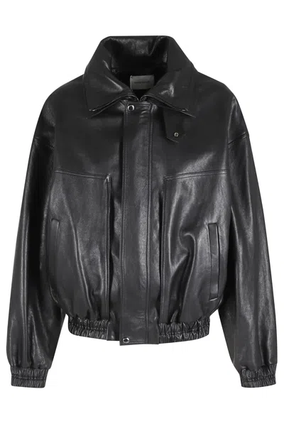 Magda Butrym Black Double High-collar Dropped-shoulder Leather Bomber Jacket