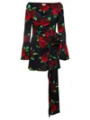 Magda Butrym Black Flared Mini-dress With Floral Print All-over In Multicolor