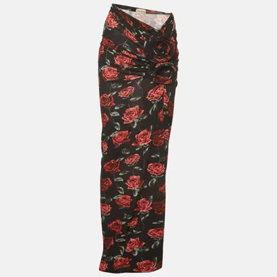 Pre-owned Magda Butrym Black Floral Print Knit Draped Maxi Skirt S