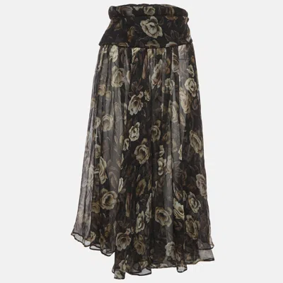 Pre-owned Magda Butrym Black Floral Print Silk Chiffon Midi Skirt S