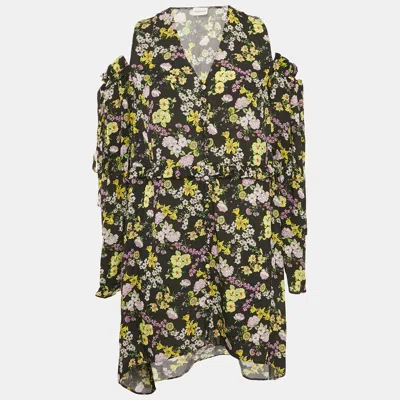 Pre-owned Magda Butrym Black Floral Print Silk Cold-shoulder Short Dress S
