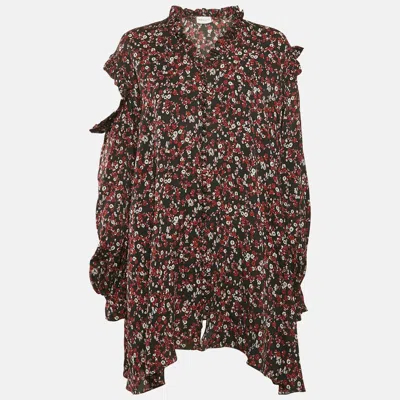 Magda Butrym Black Floral Print Silk Cold-shoulder Single Sleeve Mini Dress In Brown