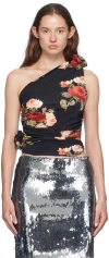 Magda Butrym One-shoulder Top With 3d Cotton Roses In 80 Black Print